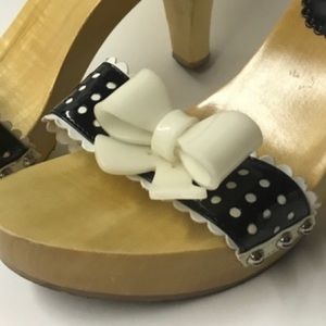 Wooden bow Betsey Johnson heels shoes black white kitten slides vintage pinup 8